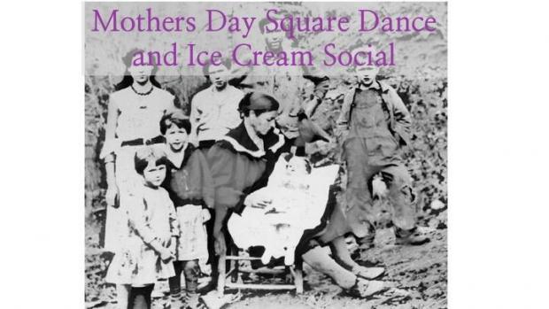 Old fashioned photo of woman surrounded by kids and words Mother's Day Dance and Ice Cream Social