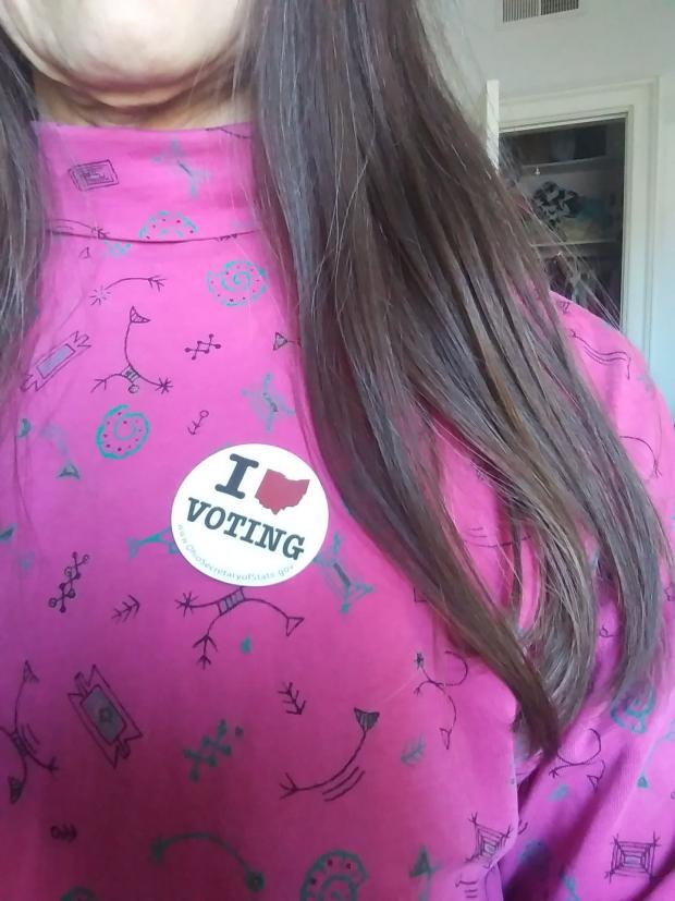 I voted sticker on shirt