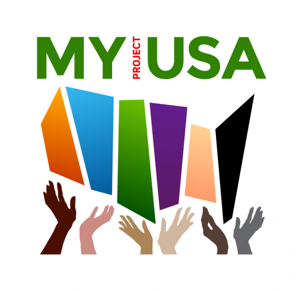 Logo saying MyProjectUSA and hands of different colors
