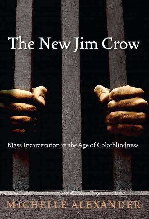 Cover of New Jim Crow book with hands on bars like in a prison