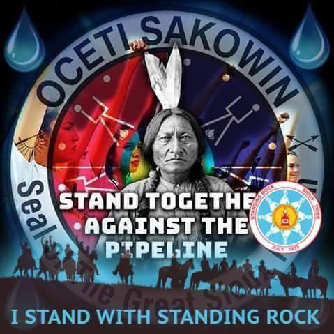 Native man inside circle with native symbols and words Stand together against the pipeline