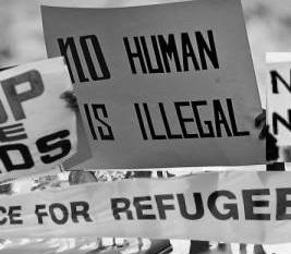 Signs at a rally one saying No Human is Illegal