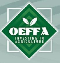 Light blue background with light stripes in a darker blue, a white square behind a green diamond with the letters OEFFA and words Investing in agriculture