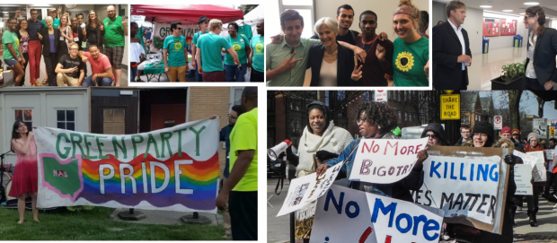Montage of photos, one of a group of people posing with Jill Stein, middle aged woman with short gray hair, one of a lot of people holding signs and marching outside