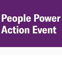 Purple background and white words People Power Action Event