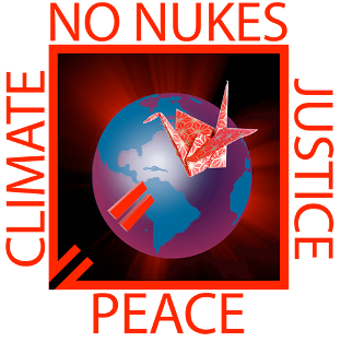 World logo saying No Nukes, Justice, Peace ad Climate
