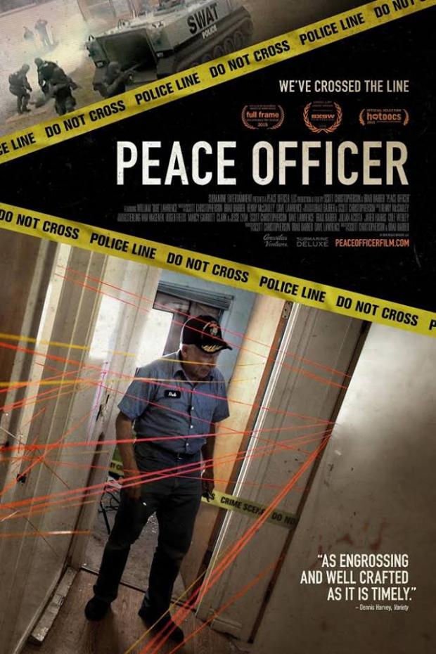 Movie poster with a police officer and yellow tape, words Police Officer