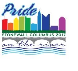 The word Pride, then Stonewall Columbus 2017, and the words on the river with a rainbow colored skyline