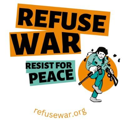 Refuse War, resist for peace and man breaking a gun in half