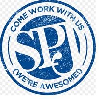 Letters SPJ sideways in a blue circle outline with words going around saying Come work with us (we're awesome!)