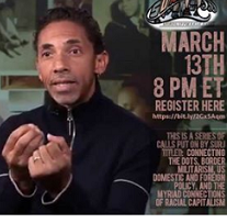 Black man speaking and making hand gestures next to details about the event