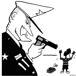 Policeman cartoon holding a gun on a small black child with a water pistol