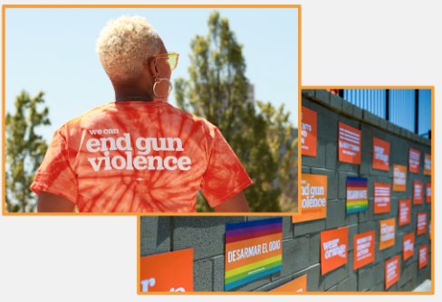 Woman wearing Wear Orange shirt and posters