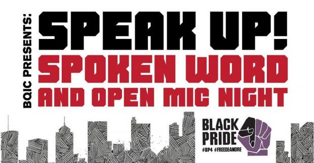 The words BqiC presents Speak Spoken and Open with columbus skyline at the bottom