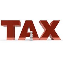 The word TAX in big red letters with a little man standing in front