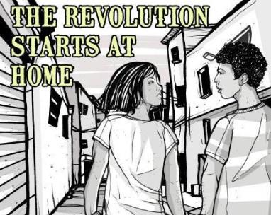Woman and man in black and white sketch and the words The Revolution Starts at Home