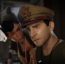 Puppet looking people, a white man in a military hat looking disturbed and a woman leaning over him looking concerned