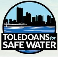 Round logo of a downtown skyline with a bridge and water in front and words Toledians for Safe Water