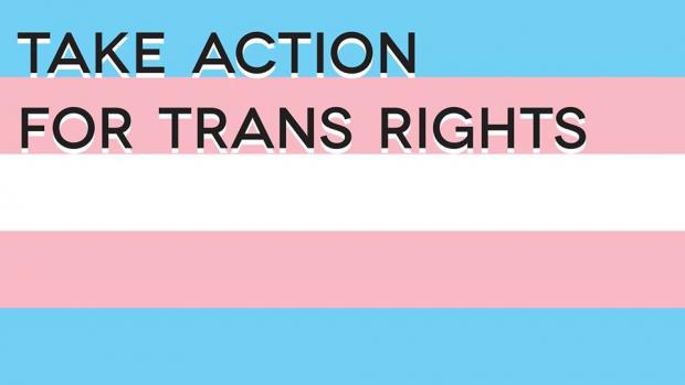 Blue, pink an white flag background with words take action for trans rights