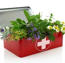 Red medical box with a white cross on the front full of flowers