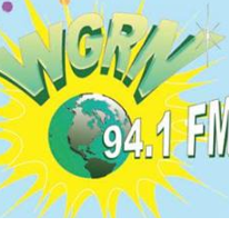 Letters WGRN and 94.1FM with a earth and a yellow splash behind it over light blue