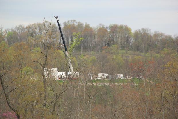 What looks like a crane and extracting equipment within trees in a forest