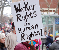 People marching and one closeup of a picket sign reading Worker Rights are Human Rights
