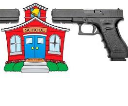 Drawing of a schoolhouse with two large guns on each side aimed at it