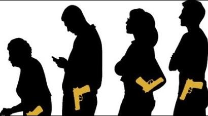 Silhouettes of people all carrying guns