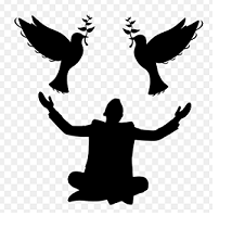 Black against white silhouette of a man sitting cross legged on the ground with his arms spread and two doves above him with leaf twigs in their beaks