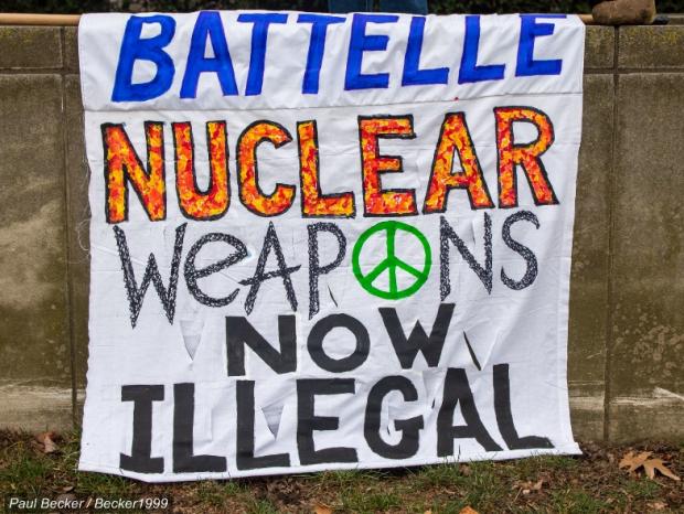 Sign saying Battelle Nuclear weapons now illegal