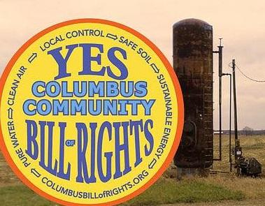 Logo from Columbus Community Bill of Rights and an injection well in the background