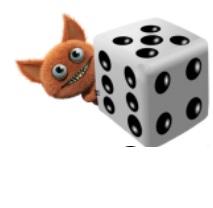 Little pointy-eared creature with big eyes and a toothy smile peeking out from behind a dice