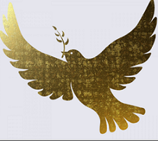 Gold drawing of dove with twig and leaf in its beak