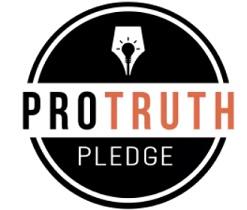 Black circle with lightbulb image in middle top, the word Protruth across the middle in black and orange on white and the word pledge in white below
