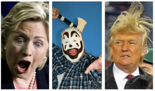 Hillary with mouth and eyes scarily open, Insane Clown Posse guy in scary whiteface with an ax, and Trump with his hair blowing straight up in the air