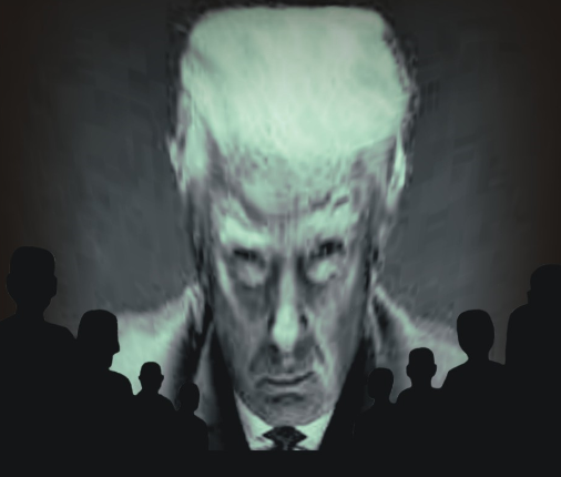 Trump head on a screen like a monster with silhouettes of people watching