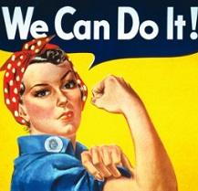 Drawing of white woman with red bandanna on her head making a fist and showing her bulging bicep muscle and above the words We Can Do It