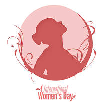 Drawing of a side view of a woman all pink she's looking up and her hair is in a bun and there are squiggly lines around a circular area around her and the words International Women's Day