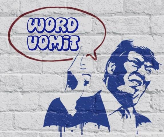 Drawing of Trump on brick wall with word balloon saying "Word Vomit"