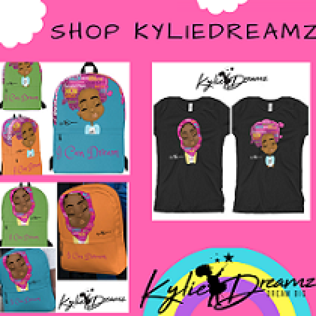 Clothes with picture of young black girl on them with words Shop KylieDreamz