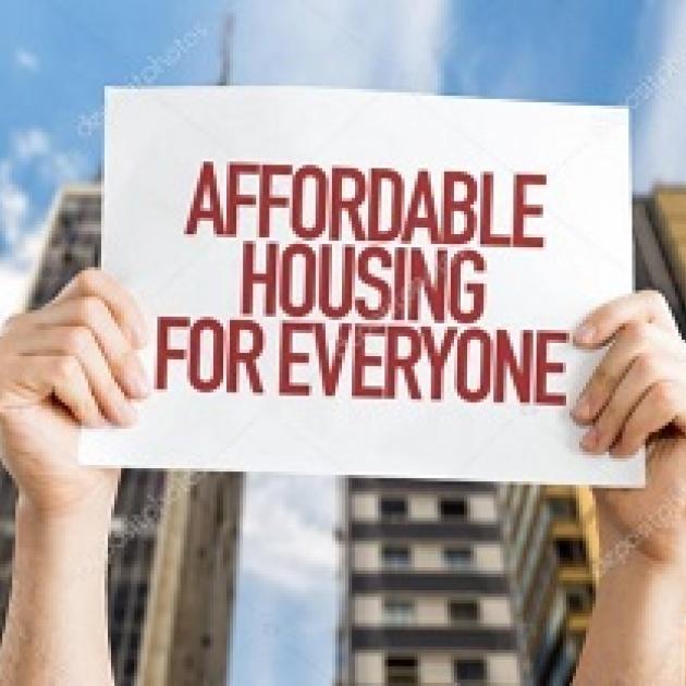 Drawing of two hands holding up a sign saying Affordable Housing for Everyone and a big building in the background