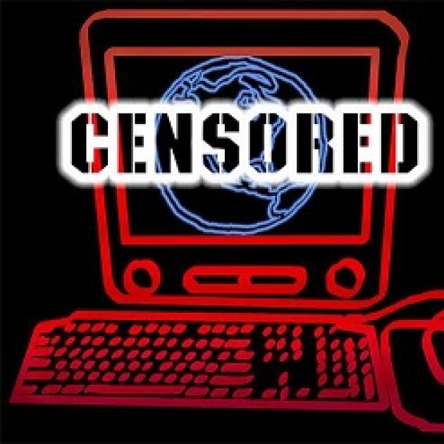 Black background with red line drawing of a computer and the words Censored in white over the screen, which also has a world on the screen
