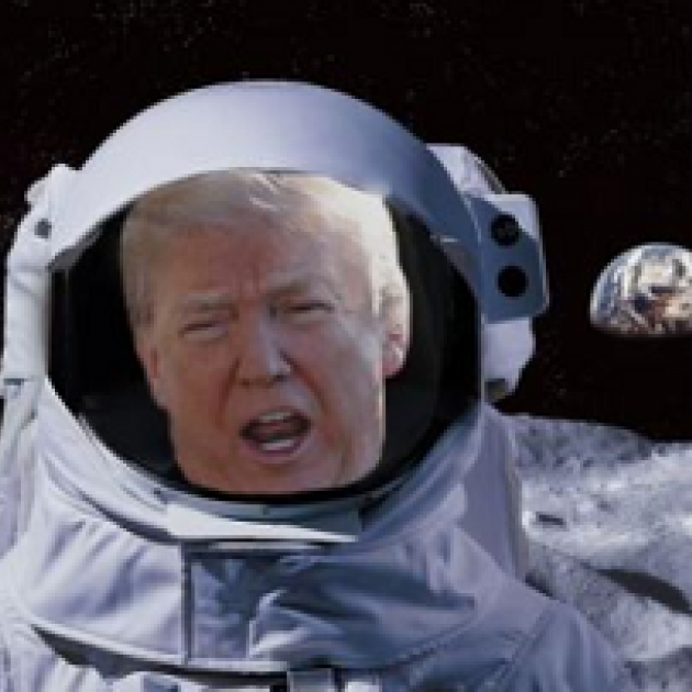 Older white man with mouth open, his face in an astronaut helmet and outfit against blackness of space and a moon in the background