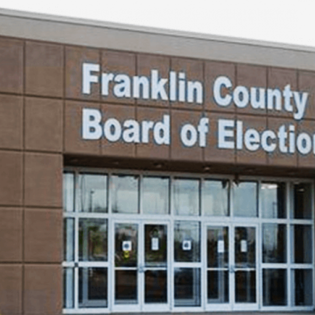 Big building with words Franklin County Board of Elections with glass doors