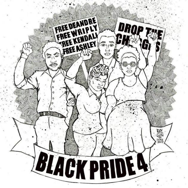 Black and white drawing of four people holding their fists up with signs that say Black Pride 4