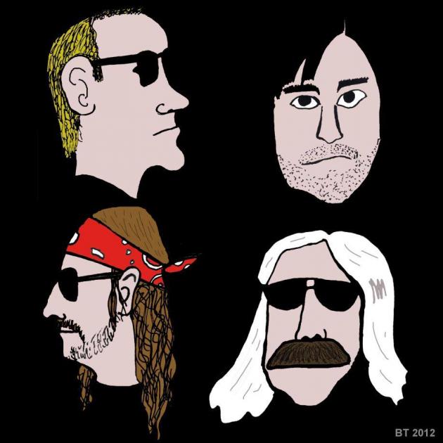 Cartoons of four guys heads in the band
