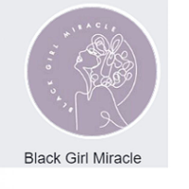 Purple circle with a drawing of a side view of a woman with curly hair and the words Black Girl Miracle