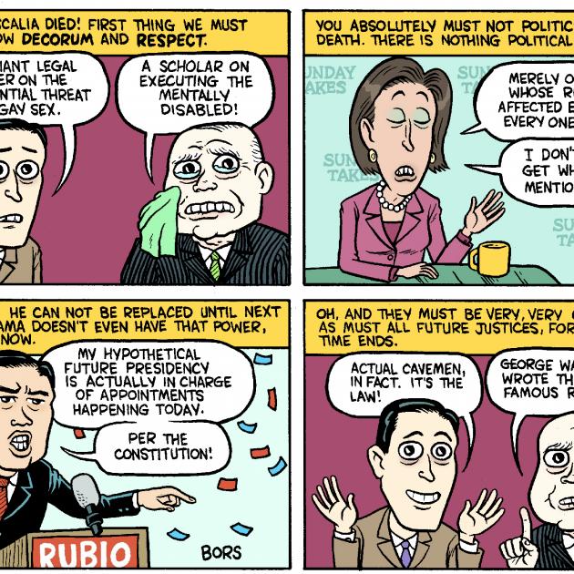 Four panel comic about Justice Scalia and who will replace him