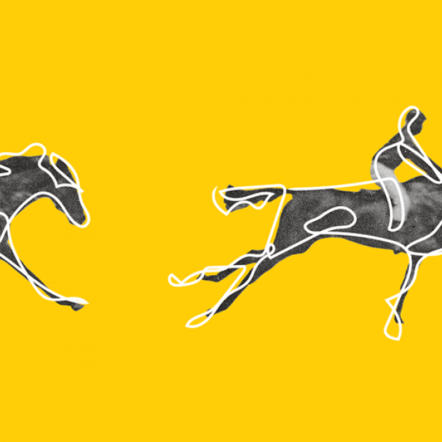 Yellow background with sketchy drawings of jockeys riding horses